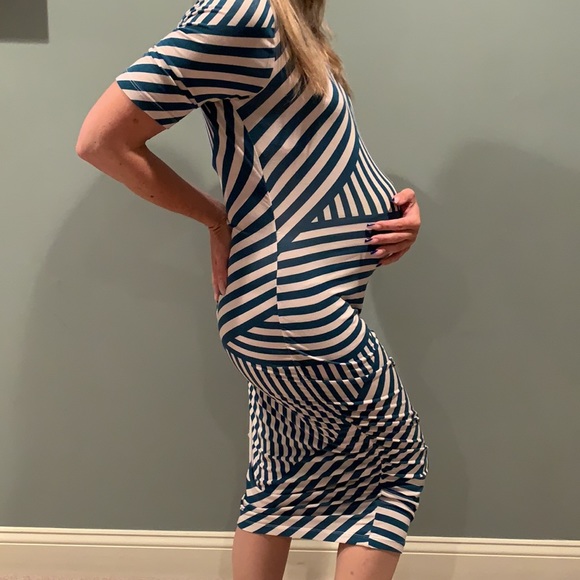 A Pea in the Pod Maternity Dress Small Turquoise Cream Geometric Stripe Stretch - Picture 3 of 6